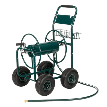 HeavyDuty Garden Metal Hose Reel Cart With Storage Basket  300ft Capacity 10 Pneumatic Wheels For Y 2