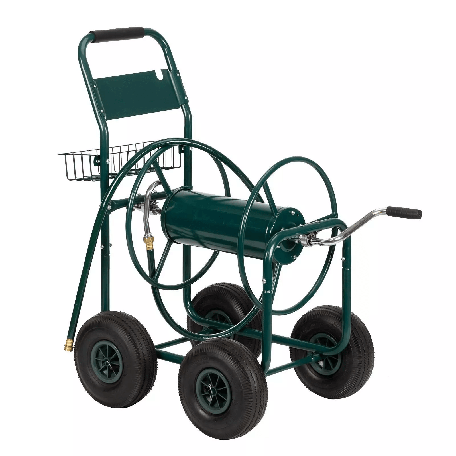 HeavyDuty Garden Metal Hose Reel Cart With Storage Basket  300ft Capacity 10 Pneumatic Wheels For Y 1