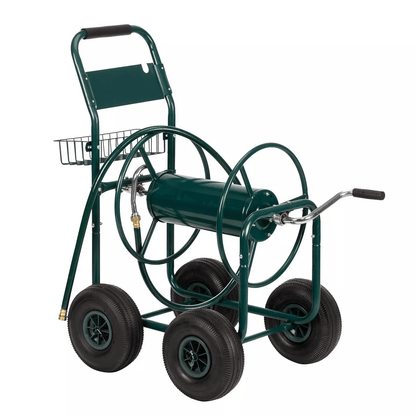HeavyDuty Garden Metal Hose Reel Cart With Storage Basket  300ft Capacity 10 Pneumatic Wheels For Y 1