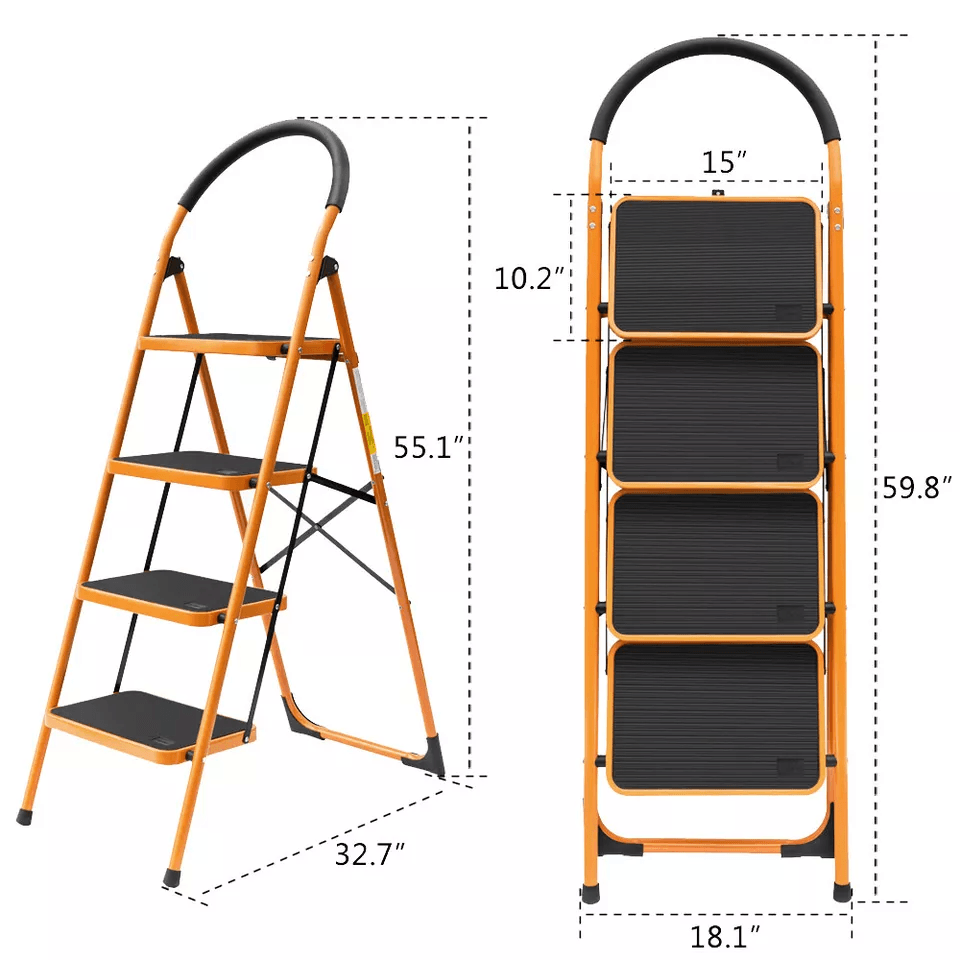 4 Step Folding Steel Ladder  AntiSlip Black  Yellow Step Stool 4