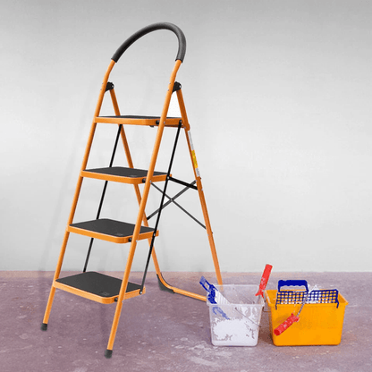 4 Step Folding Steel Ladder – Anti-Slip, Black & Yellow Step Stool