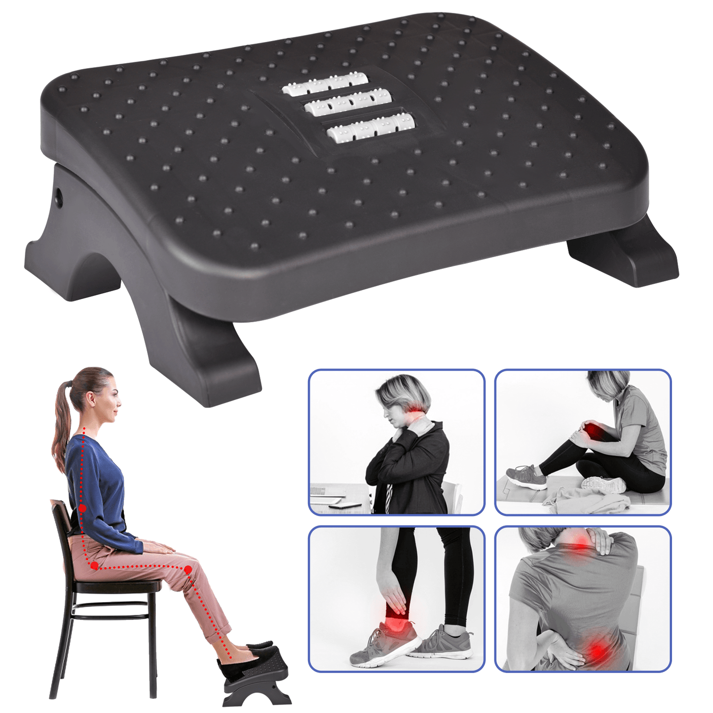 Ergonomic Under Desk Footrest with Massage Rollers Pain Relief Leg Rest for Home Office Posture Cor