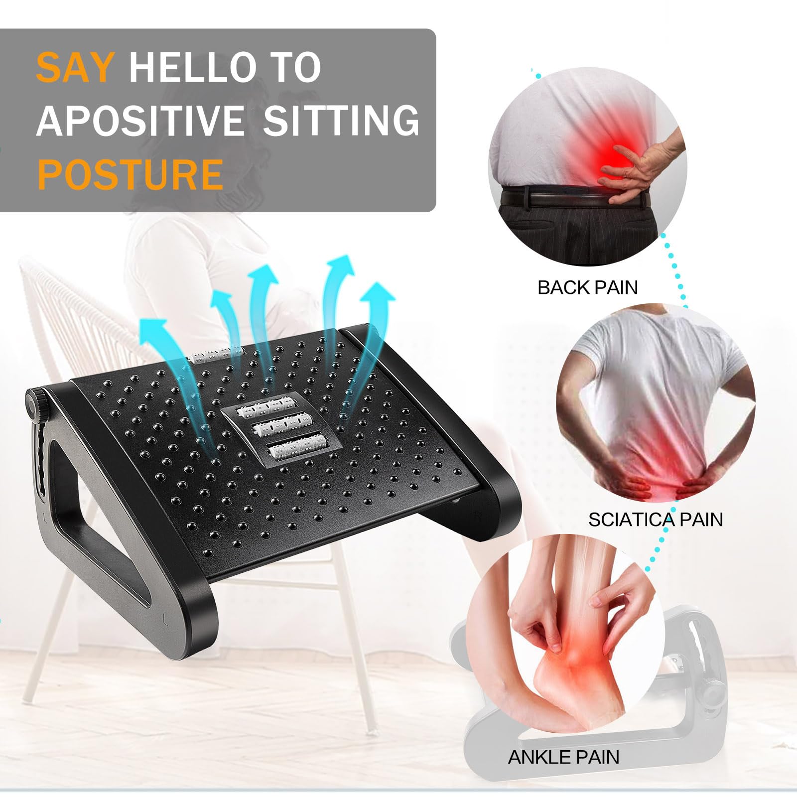 Footrest Under Desk Ergonomic Foot Stool with Massage Rollers Leg Rest for Pain Relief at Work or H