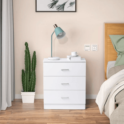 Wooden Nightstand with 3 Drawers – Bedside Table Accent for Bedroom Storage Chest of Dresser, Durable White Wood Cabinet