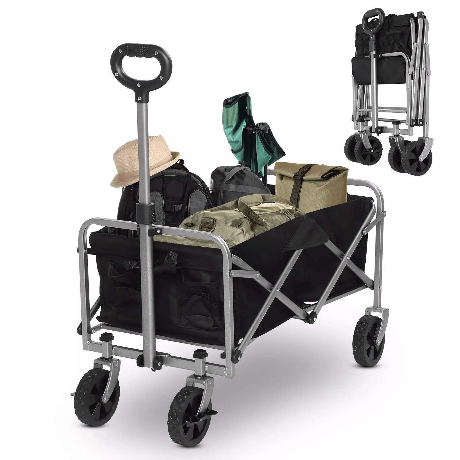 Heavy Duty Collapsible Folding Wagon Cart Black Steel Frame, Oxford Fabric – Ideal for Garden, Beach, Camping, Sports