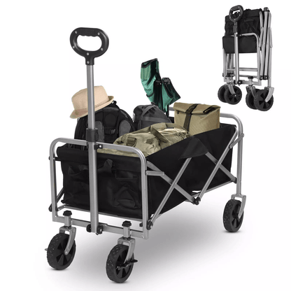 Heavy Duty Collapsible Folding Wagon Cart Black Steel Frame, Oxford Fabric – Ideal for Garden, Beach, Camping, Sports