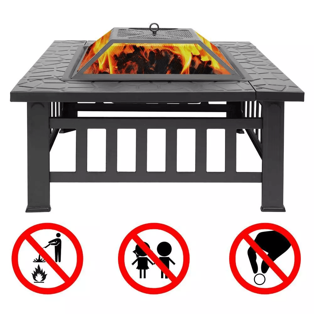 Multifunctional Fire Pit BBQ Square Table for Backyard, Wood Burning Fireplace & Outdoor Heating