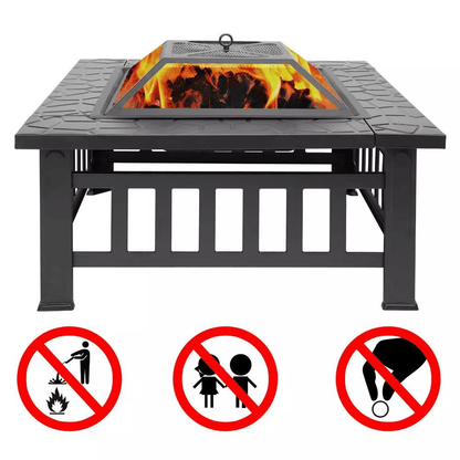 Multifunctional Fire Pit BBQ Square Table for Backyard, Wood Burning Fireplace & Outdoor Heating