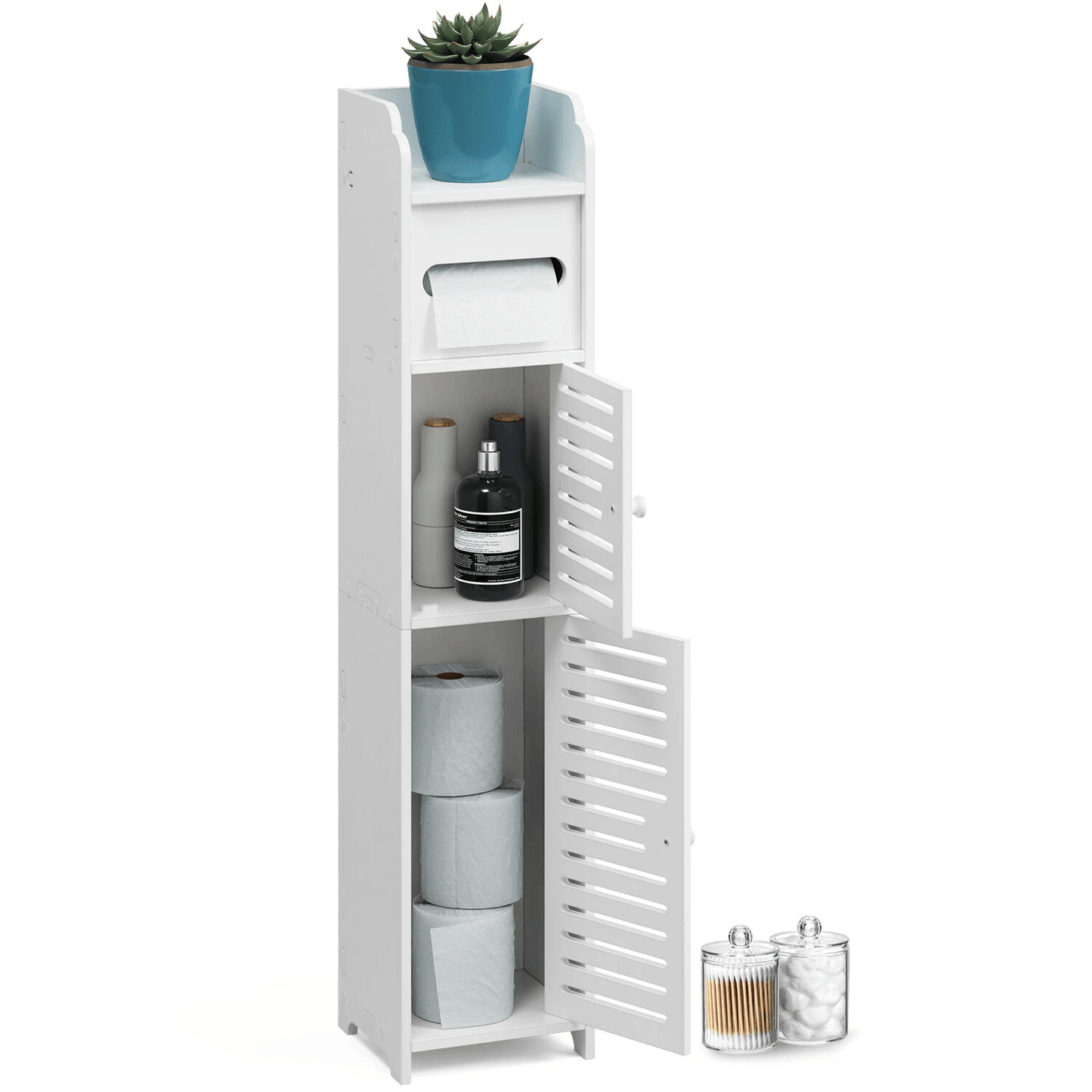 Freestanding Bathroom Storage Cabinet with Door and Shelves, Compact Toilet Paper Organizer for Tight Spaces