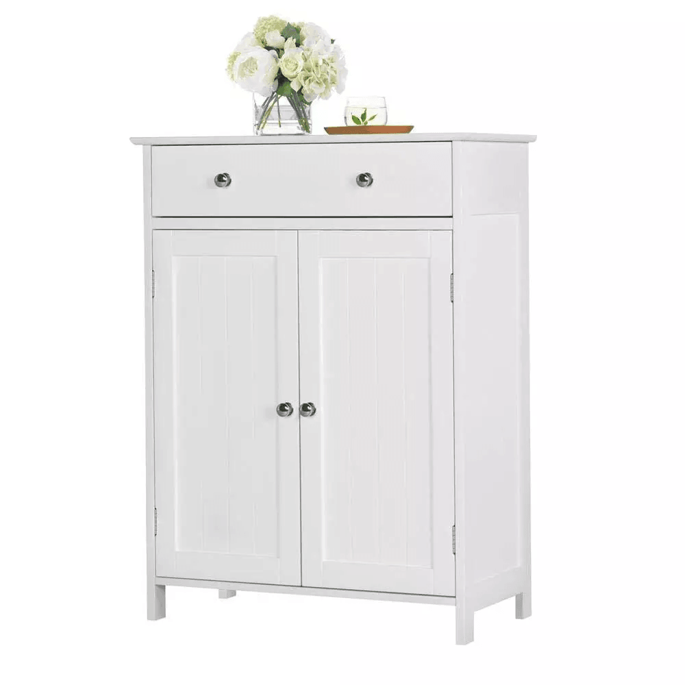 Freestanding White Wooden Storage Cupboard with Double Doors & Shelves, Bathroom Floor Cabinet for Kitchen, Living Room