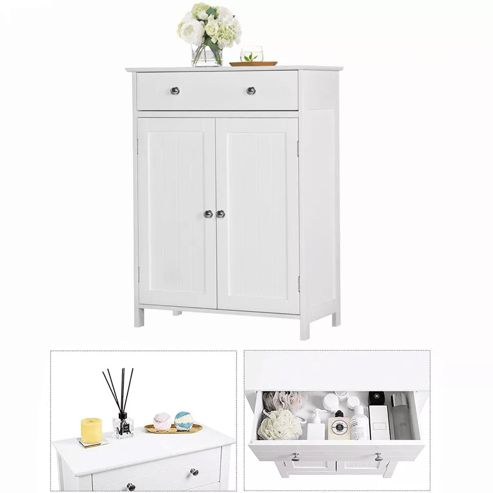 Freestanding White Wooden Storage Cupboard With Double Doors  Shelves Bathroom Floor Cabinet For Ki 5