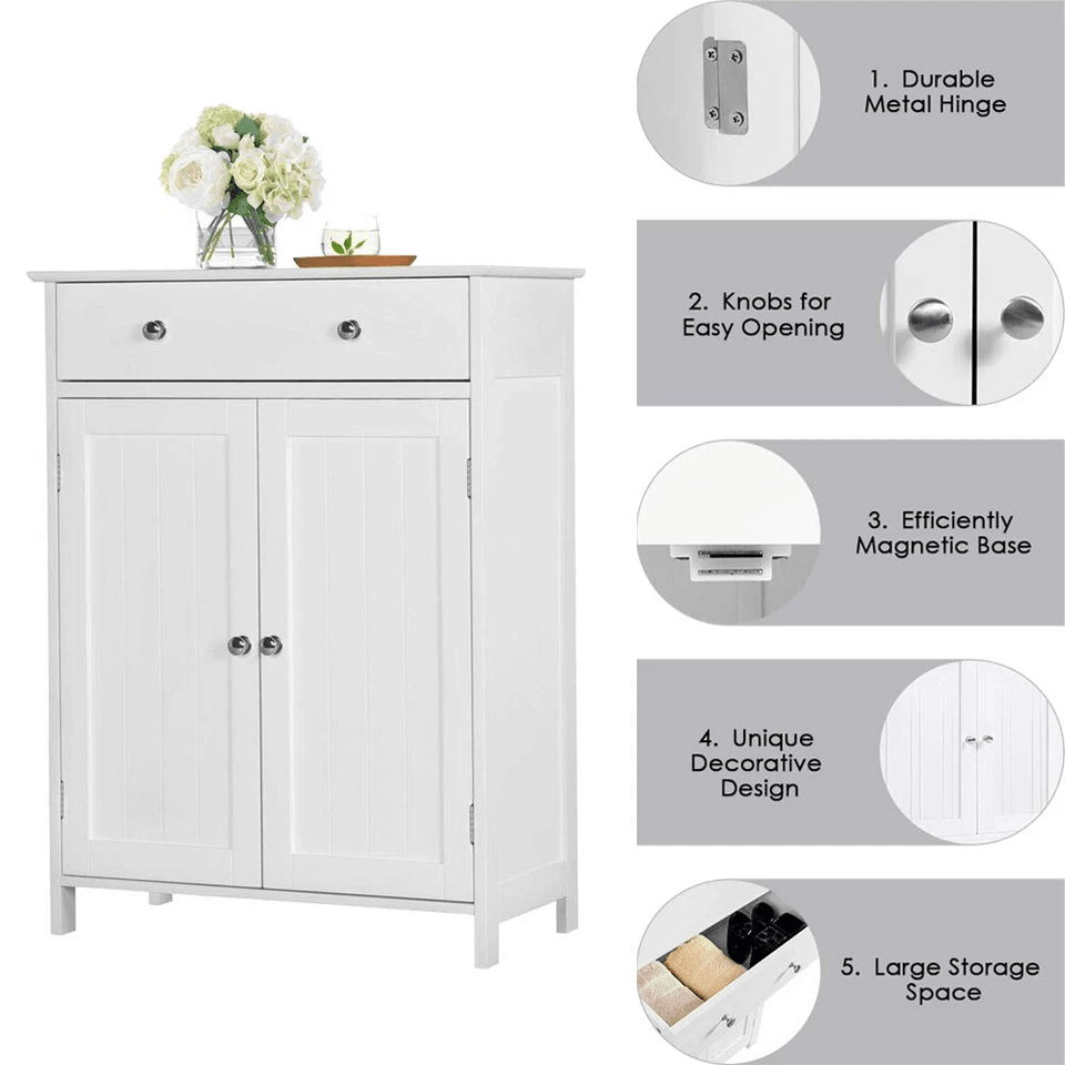 Freestanding White Wooden Storage Cupboard With Double Doors  Shelves Bathroom Floor Cabinet For Ki 6
