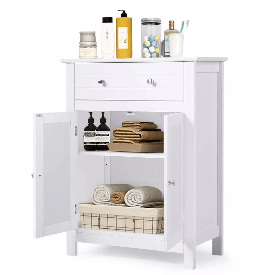 Freestanding White Wooden Storage Cupboard With Double Doors  Shelves Bathroom Floor Cabinet For Ki 4