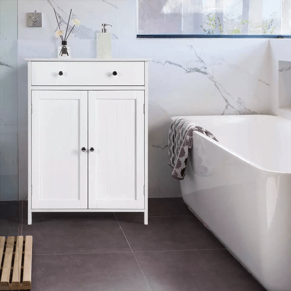 Freestanding White Wooden Storage Cupboard With Double Doors  Shelves Bathroom Floor Cabinet For Ki 2