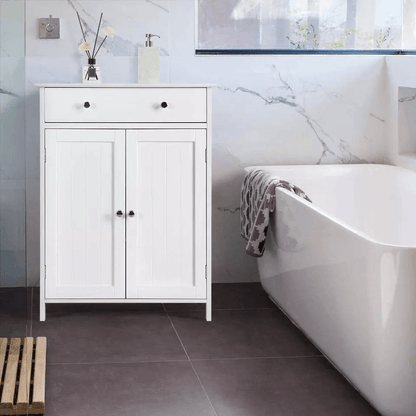 Freestanding White Wooden Storage Cupboard With Double Doors  Shelves Bathroom Floor Cabinet For Ki 2
