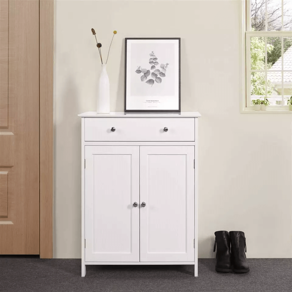 Freestanding White Wooden Storage Cupboard With Double Doors  Shelves Bathroom Floor Cabinet For Ki 1
