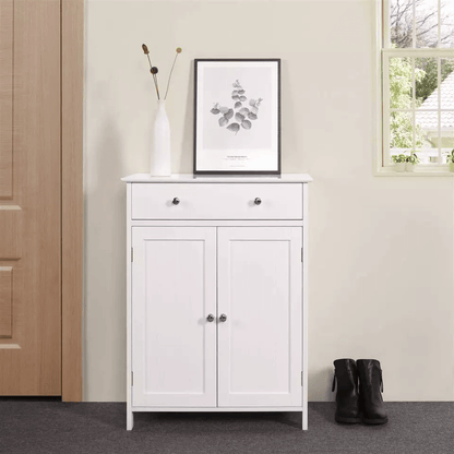 Freestanding White Wooden Storage Cupboard With Double Doors  Shelves Bathroom Floor Cabinet For Ki 1