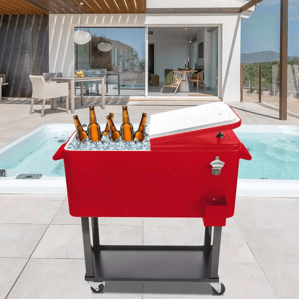 Heavy-Duty Quart Rolling Ice Chest on Wheels for Patio, Party Bar Drink Cooler Cart with Bottom Shelf & Dual Function