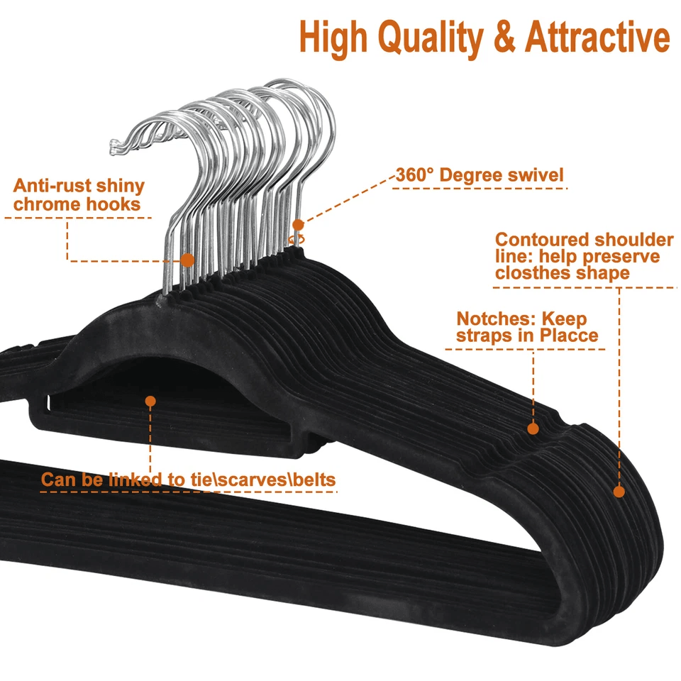 Premium Black Velvet Hangers SpaceSaving NonSlip Clothes Hangers With Swivel Hook 3