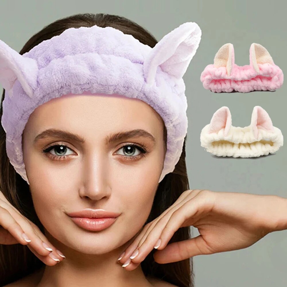 Cute Cat Ear Coral Fleece Headband Plush Bow Hairband for Women  Girls