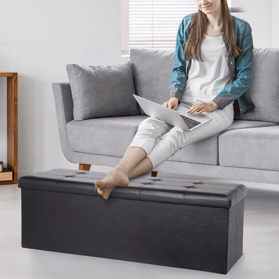 Black Leather Folding Storage Ottoman Bench Footrest Chest With Divider Ideal For Bedroom Living Ro 2