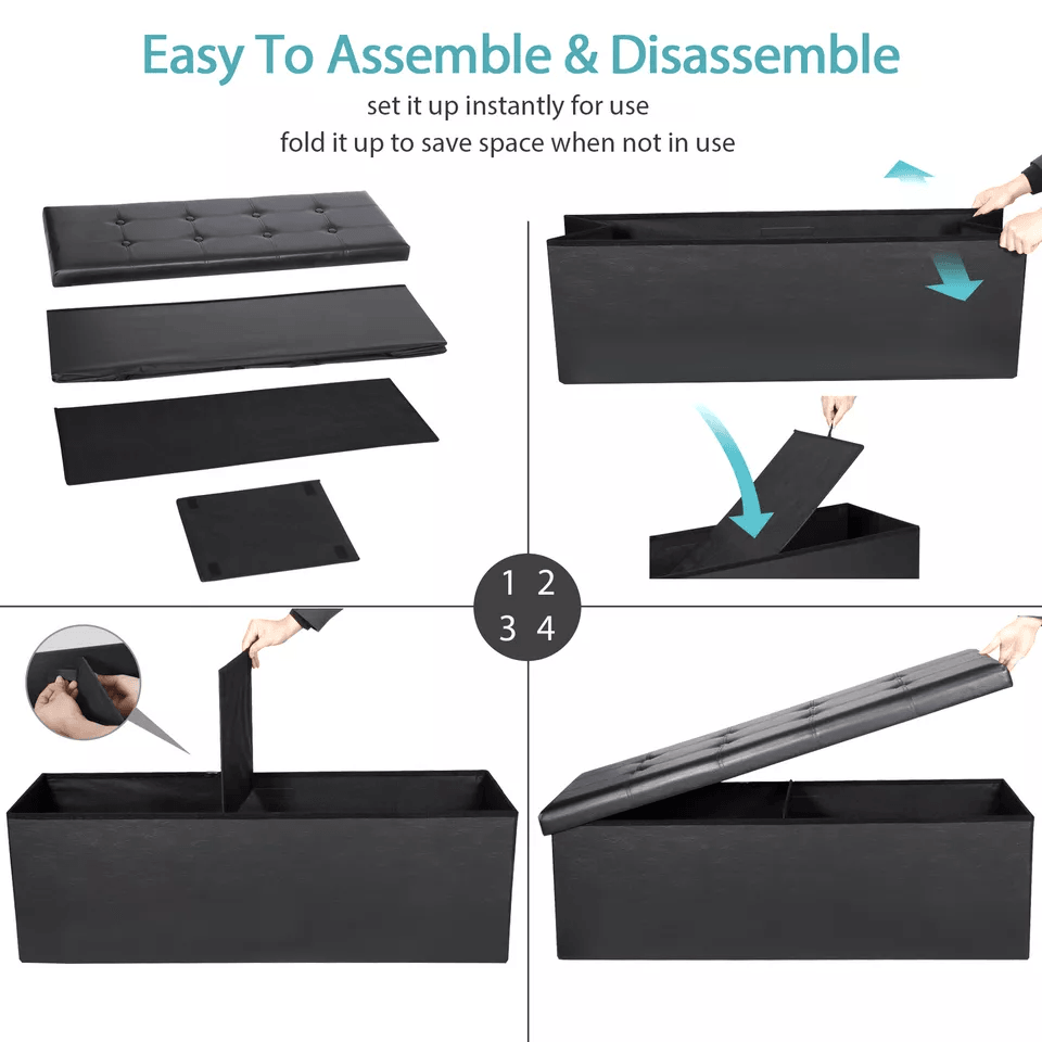 Black Leather Folding Storage Ottoman Bench Footrest Chest With Divider Ideal For Bedroom Living Ro 5