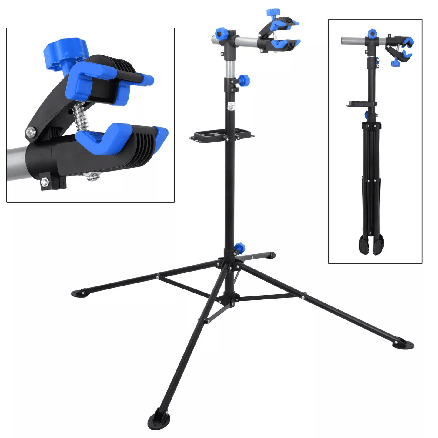 Bike Repair Stand, Adjustable Bicycle Maintenance Rack with Rotating Clamp & Tool Tray