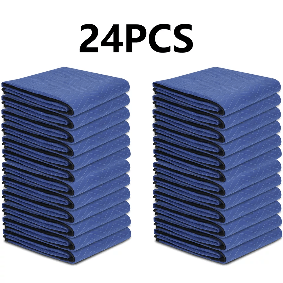 24 Moving Blankets 80x72 – Heavy-Duty Protective Furniture Packing Pads Blue/Black Quilted Non-Woven Fabric