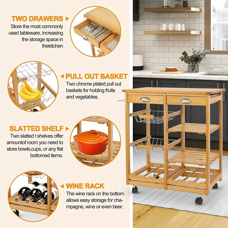 Rolling Kitchen Island Cart Wood Mobile Serving Cart With Storage For Home  Restaurant 3