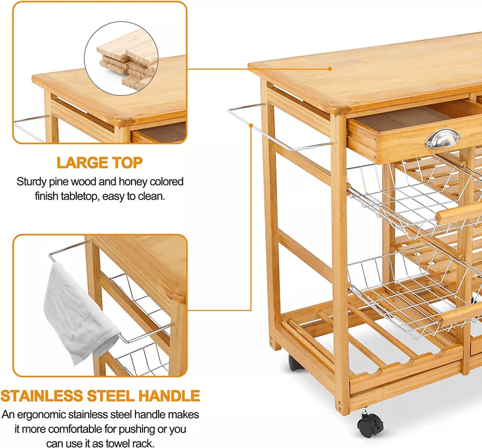 Rolling Kitchen Island Cart Wood Mobile Serving Cart With Storage For Home  Restaurant 4
