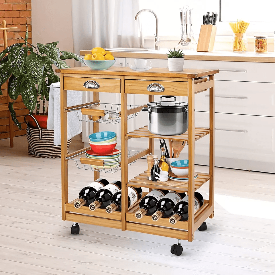 Rolling Kitchen Island Cart Wood Mobile Serving Cart With Storage For Home  Restaurant 2