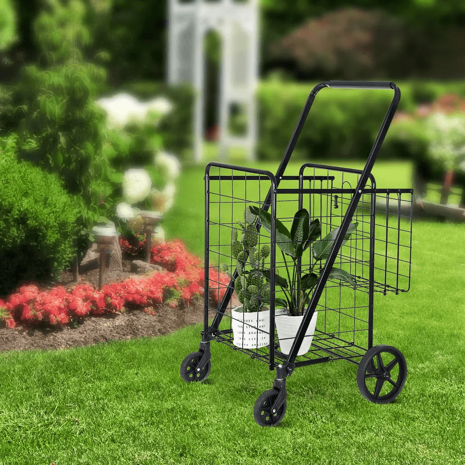 HeavyDuty Folding Shopping Cart Utility Cart With Wheels And Double Basket Portable Laundry Grocery 3