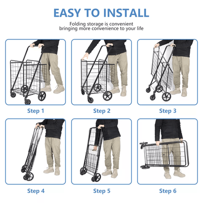 HeavyDuty Folding Shopping Cart Utility Cart With Wheels And Double Basket Portable Laundry Grocery 15