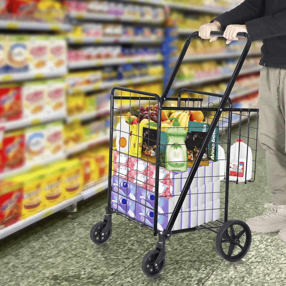 HeavyDuty Folding Shopping Cart Utility Cart With Wheels And Double Basket Portable Laundry Grocery 2