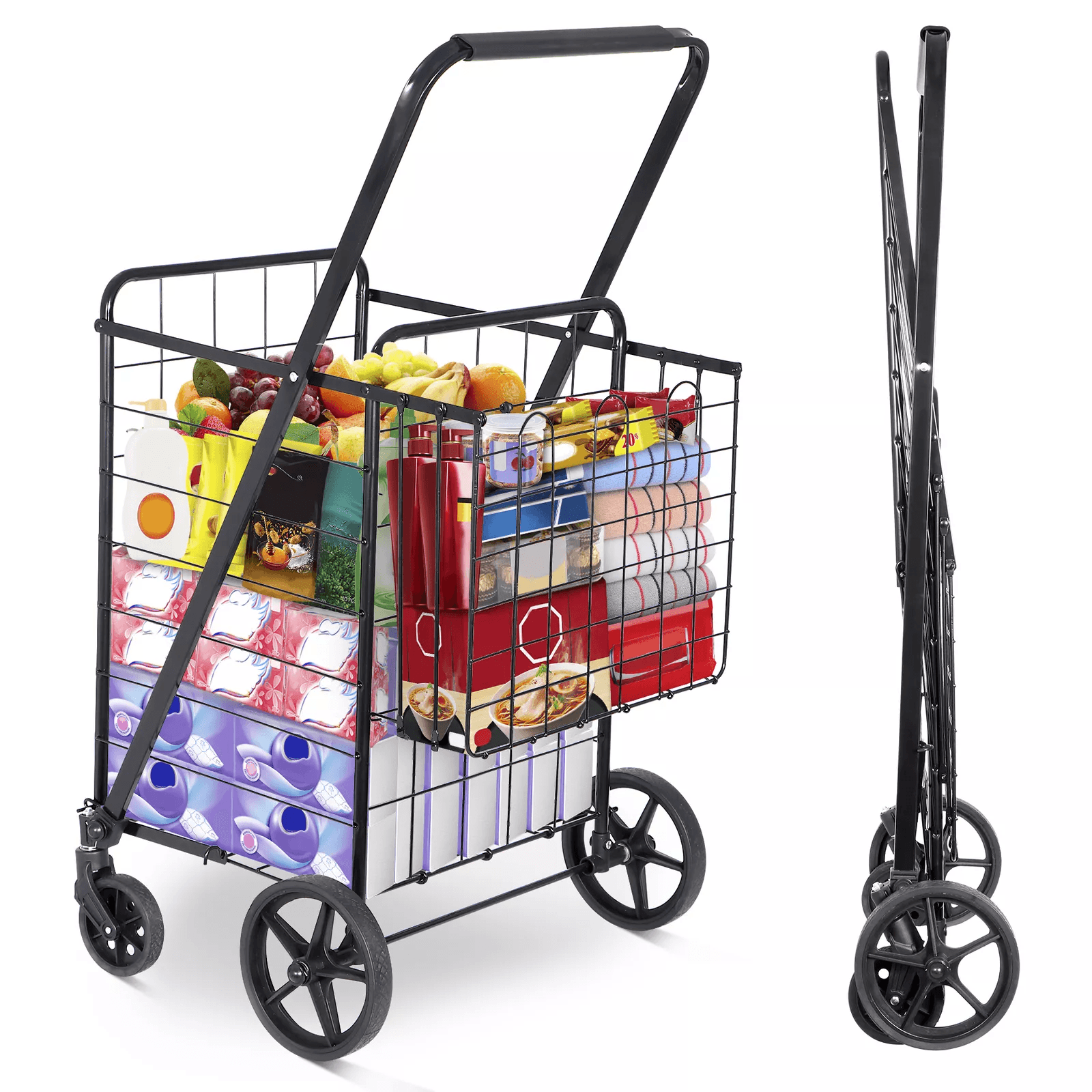 Heavy-Duty Folding Shopping Cart Utility Cart with Wheels and Double Basket, Portable Laundry, Grocery & Storage