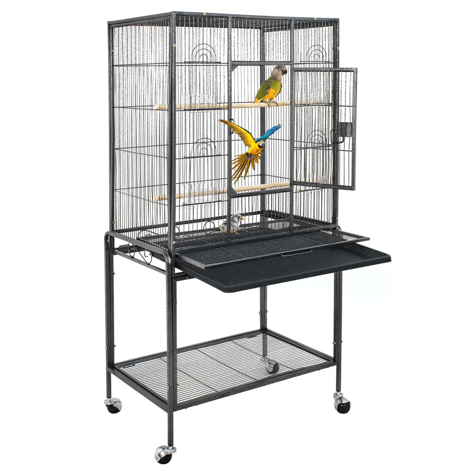 Large Black Wrought Iron Bird Cage with Wheels, Ideal for Parakeets, Cockatiels, and Small Parrots
