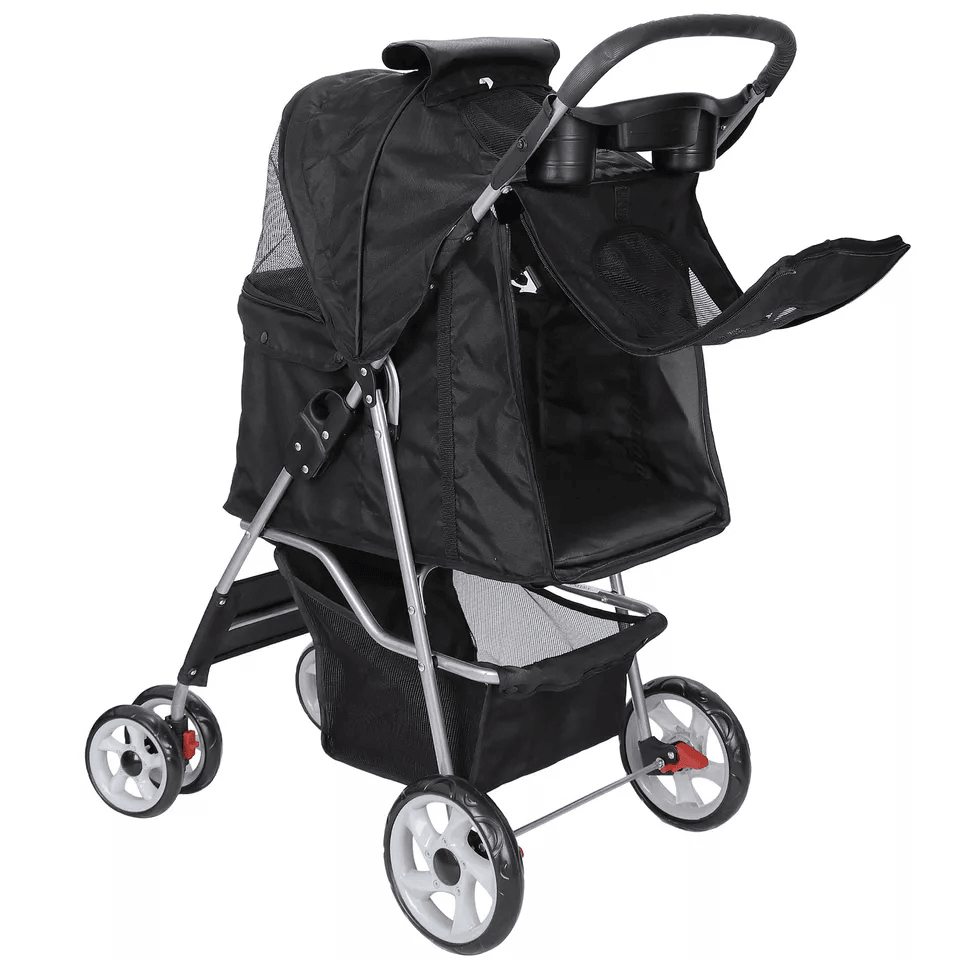 Foldable 4 Wheel Pet Stroller For Dogs  Cats Black With Cup Holder 4
