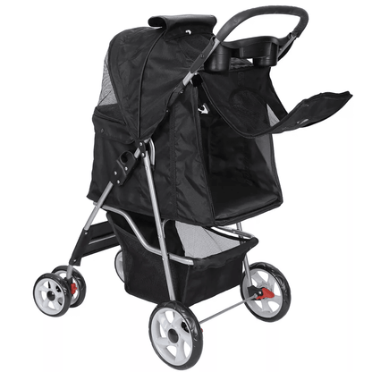 Foldable 4 Wheel Pet Stroller For Dogs  Cats Black With Cup Holder 4