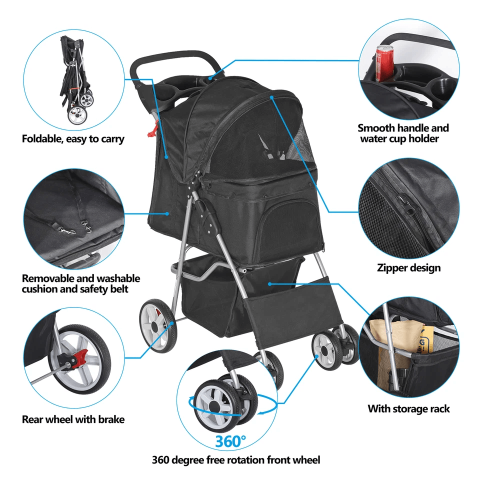 Foldable 4 Wheel Pet Stroller For Dogs  Cats Black With Cup Holder 3