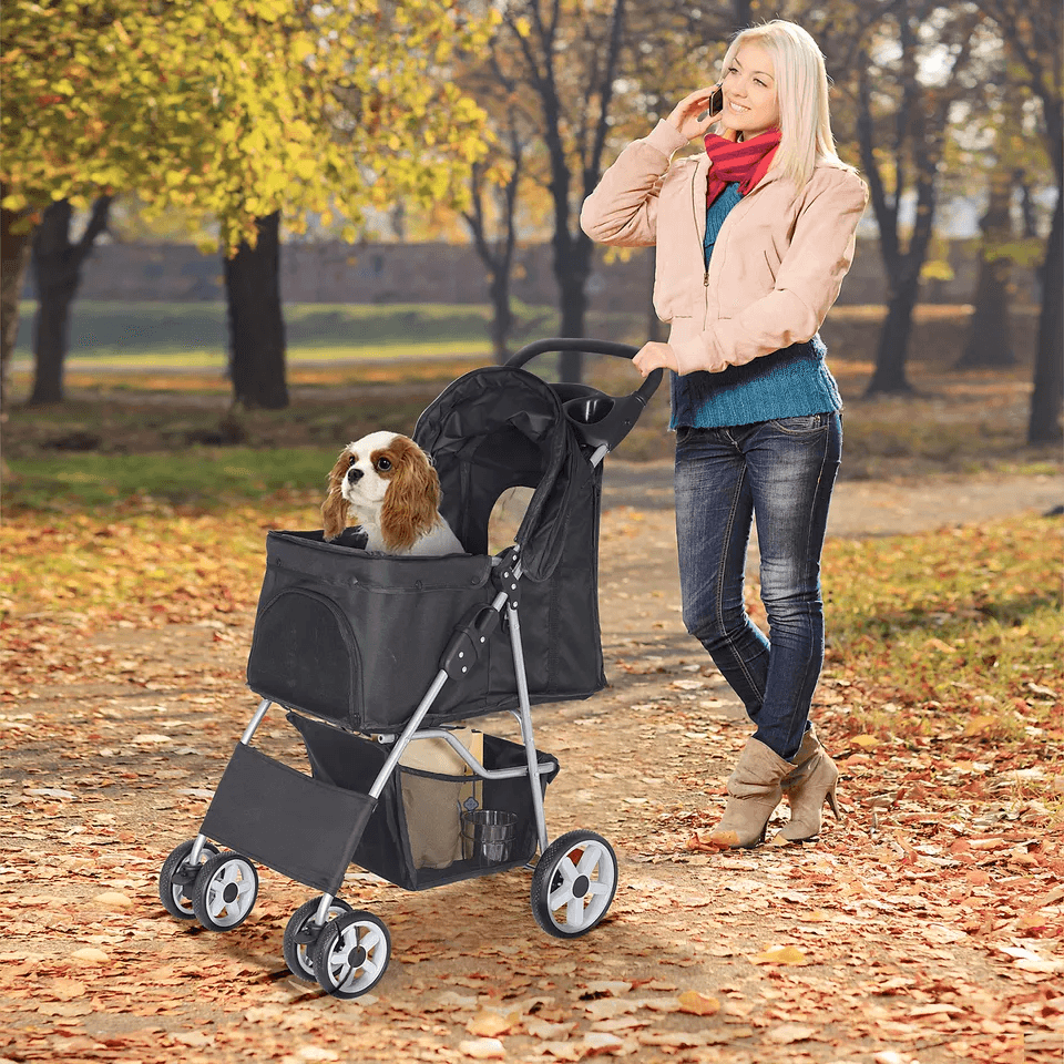 Foldable 4 Wheel Pet Stroller For Dogs  Cats Black With Cup Holder 2