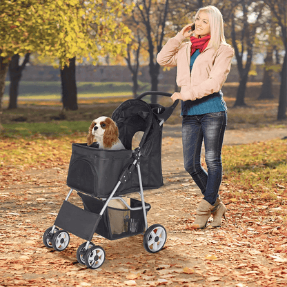 Foldable 4 Wheel Pet Stroller For Dogs  Cats Black With Cup Holder 2