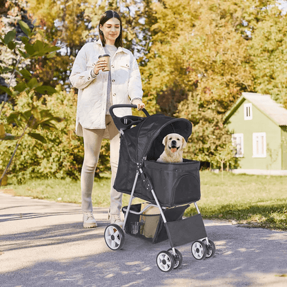 Foldable 4 Wheel Pet Stroller For Dogs  Cats Black With Cup Holder 1