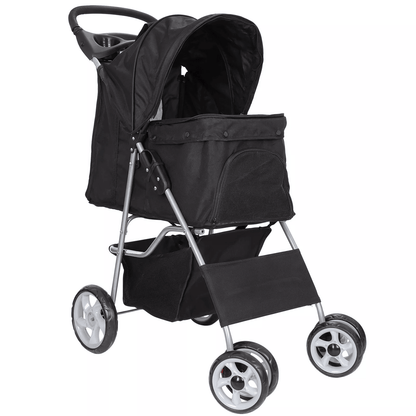 Foldable 4 Wheel Pet Stroller for Dogs & Cats, Black with Cup Holder