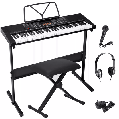 Electric Keyboard Piano 61 Key with Headphones, Microphone & Stool for Beginners