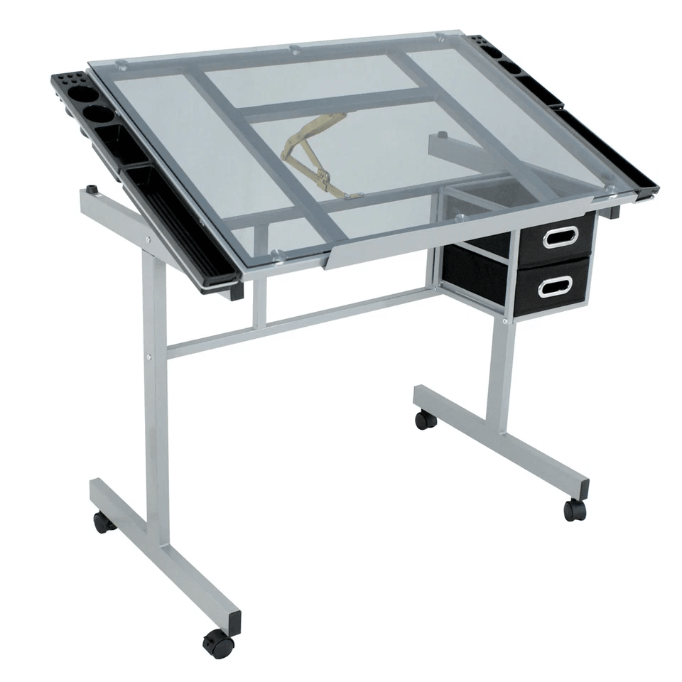Adjustable Glass Drafting Table On Wheels Mobile Drawing Desk With Storage Drawer For Artists  Desi 4