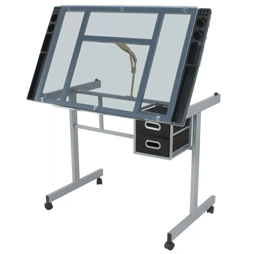 Adjustable Glass Drafting Table On Wheels Mobile Drawing Desk With Storage Drawer For Artists  Desi 5