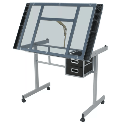 Adjustable Glass Drafting Table On Wheels Mobile Drawing Desk With Storage Drawer For Artists  Desi 5