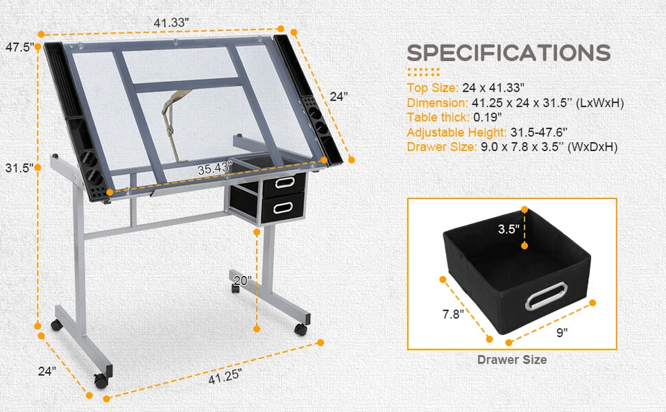 Adjustable Glass Drafting Table On Wheels Mobile Drawing Desk With Storage Drawer For Artists  Desi 2