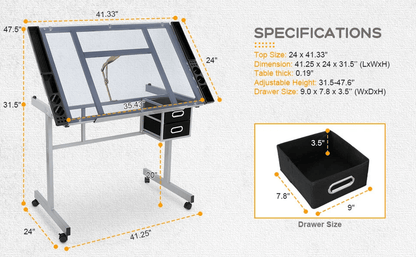 Adjustable Glass Drafting Table On Wheels Mobile Drawing Desk With Storage Drawer For Artists  Desi 2