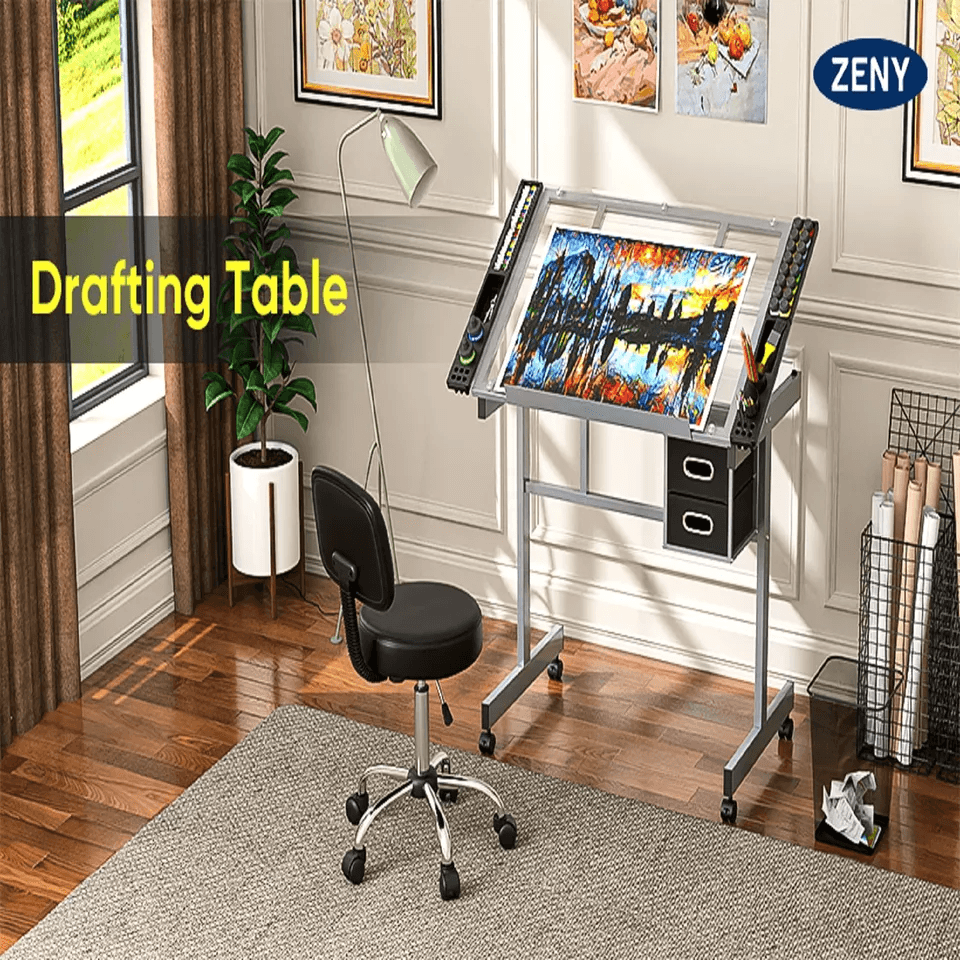Adjustable Glass Drafting Table On Wheels Mobile Drawing Desk With Storage Drawer For Artists  Desi 1